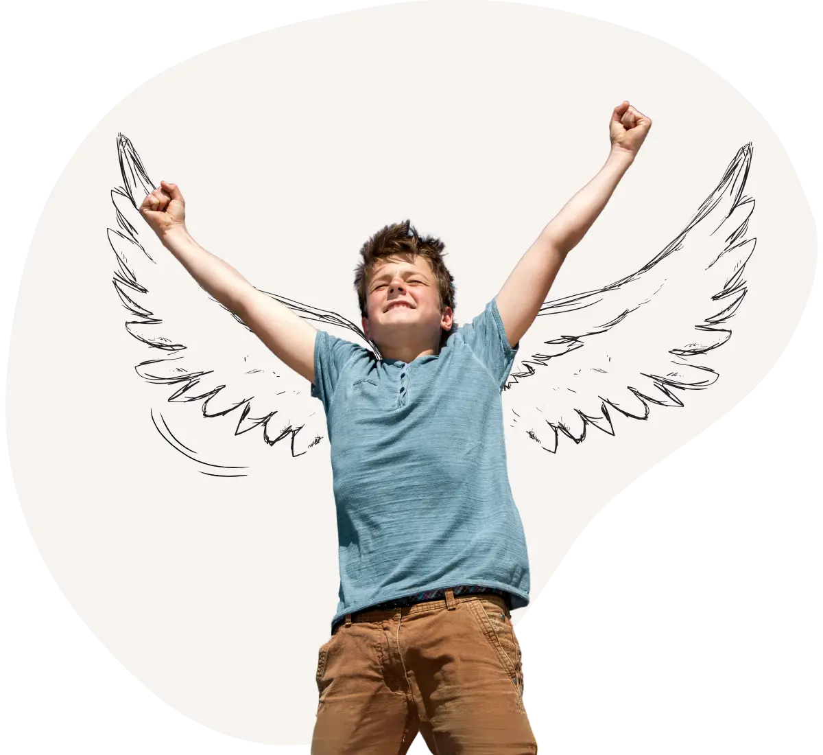 nino-desplegando-su-potencial-psicopedagogia-consciente Ilustración de un niño sonriente con los brazos abiertos y alas dibujadas, símbolo de la confianza, la alegría y el desarrollo del potencial único de cada niño.